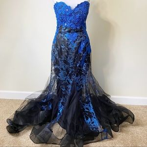 Vintage Black & Blue Lace Accented Evening Gown